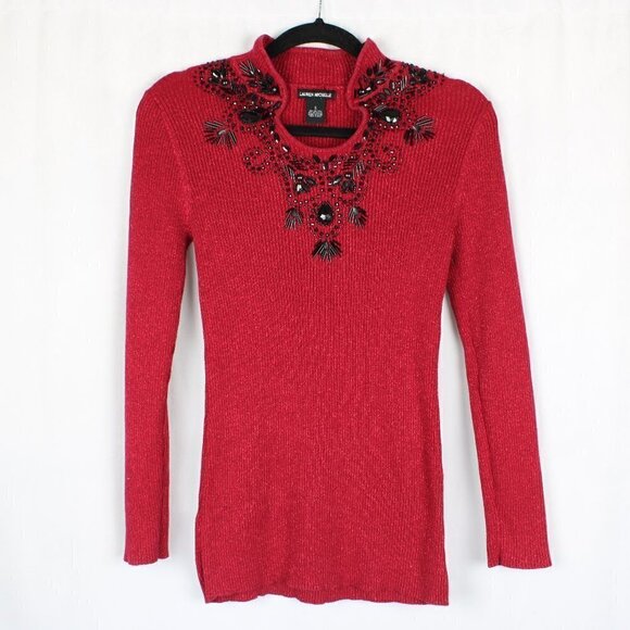 Lauren Michelle Sparkly Red Ribbed Pullover Sweater - Picture 1 of 4